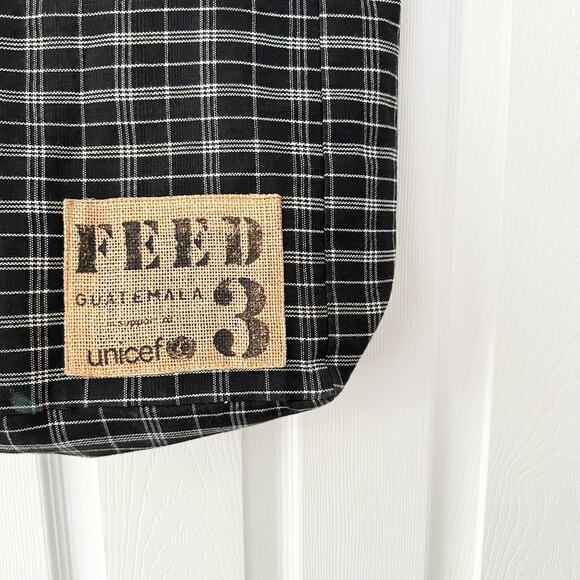 FEED Black White Grid Plaid Brown Leather Strap Tote Bag Nest Artisans - Picture 5 of 11